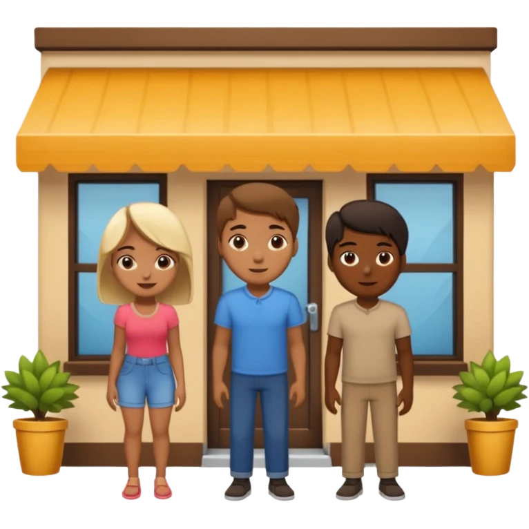 2 grown  2D line-drawn characters + small shop emoji