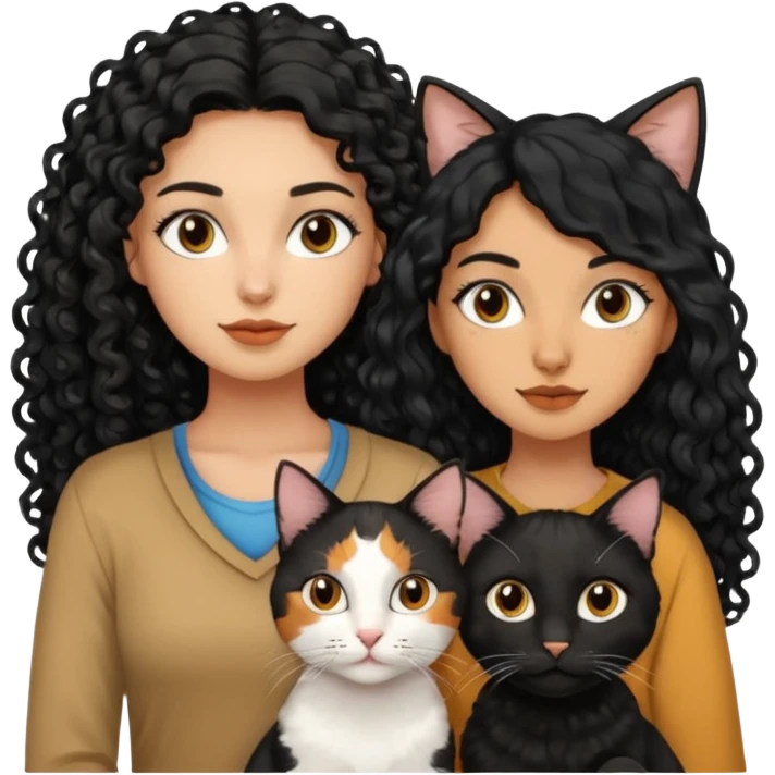 2 mujeres una crespa otra mujer de cabello largo liso negro y 2 gatos uno negro y otro tres colores emoji