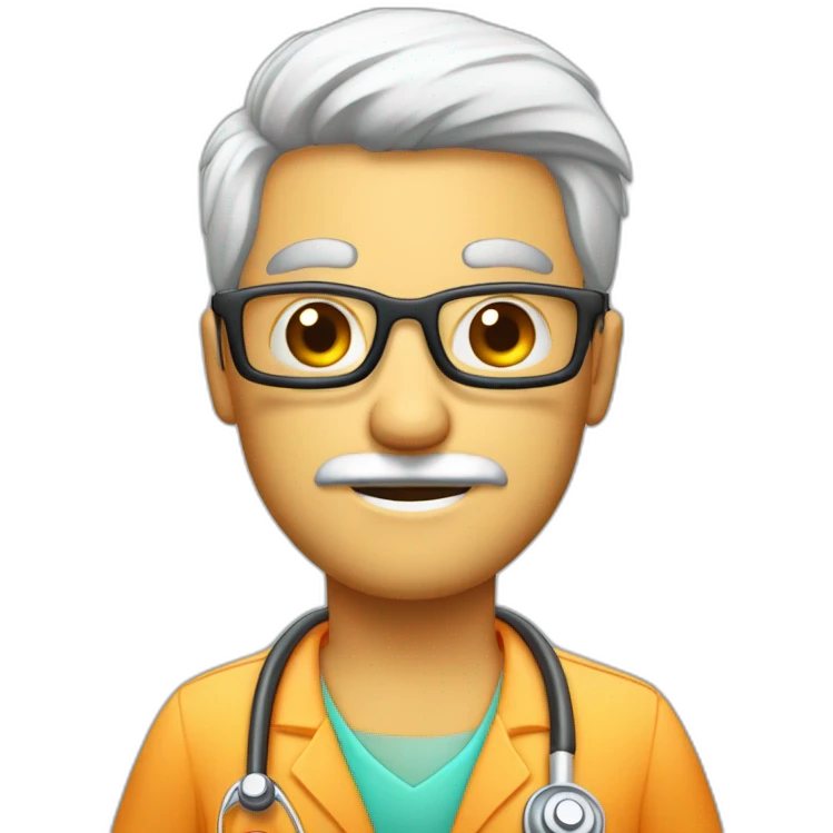 Hombre médico muy delgado, sin bigotes, de pelo blanco escaso, con gafas transparentes con un estetoscopio en el cuello emoji