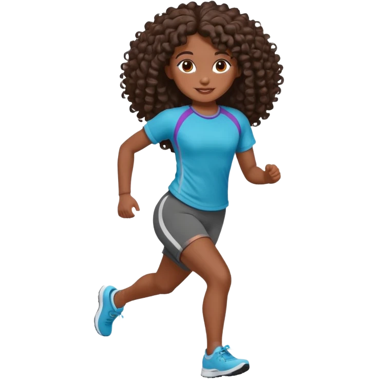 Uma boneca morena escura com olhos castanhos e cabelo cacheado longo até o peito, treinando correndo emoji