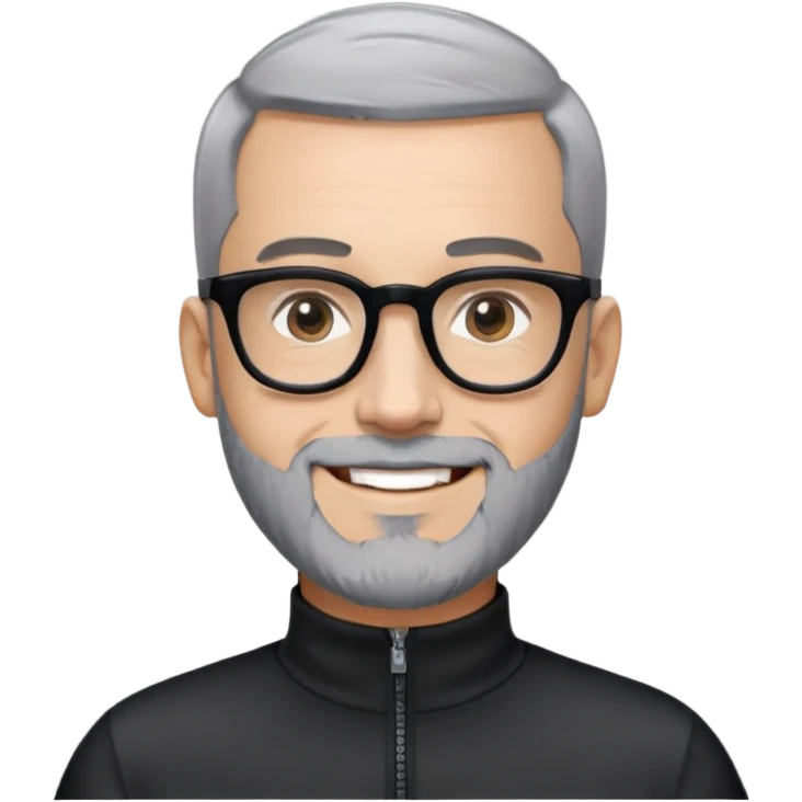Man with light skin, buzz cut black hair, short peppered gray beard, large black-framed glasses, smiling face, black long sleeve athletic shirt with zippered high neck emoji