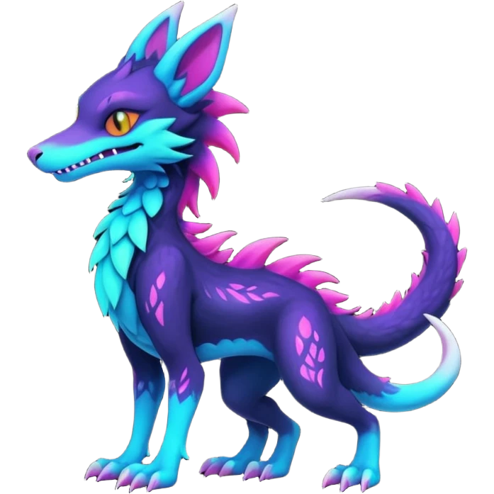 Kawaii dark edgy colorful abyssal vibrant neon glowing fantasy abyss-midnight-eline-vernid-sergal-fursona animal creature with a tufted tail full body with intricate markings  emoji