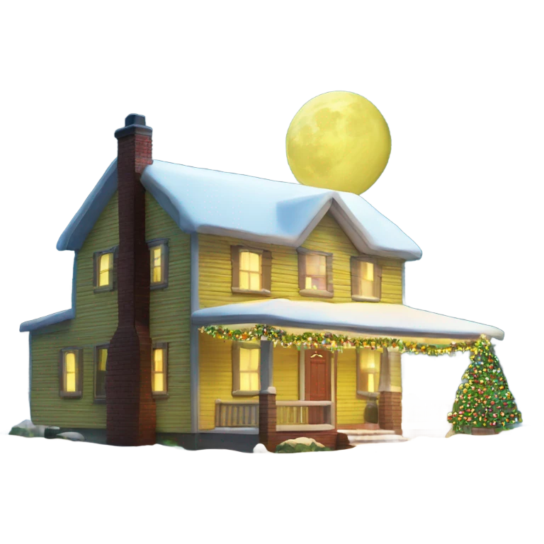 A yellow siding with brick base house decorated for Christmas at night with the moon shining emoji