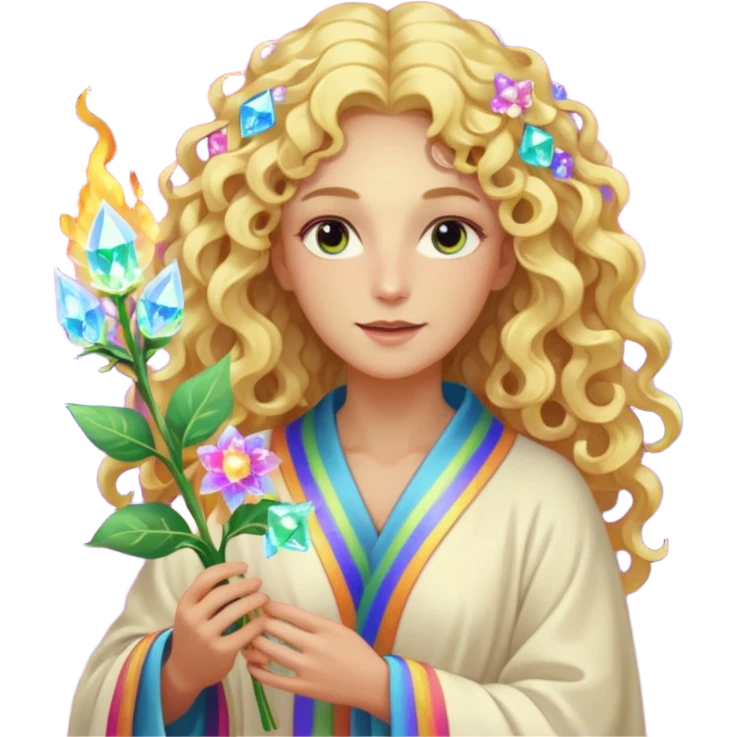a being made of light pleidian nordic long faces and curly blond hair but beautiful features of light with a robe on made of light and who is lanky holding a bouquet of crystal flowers on rainbow fire emoji