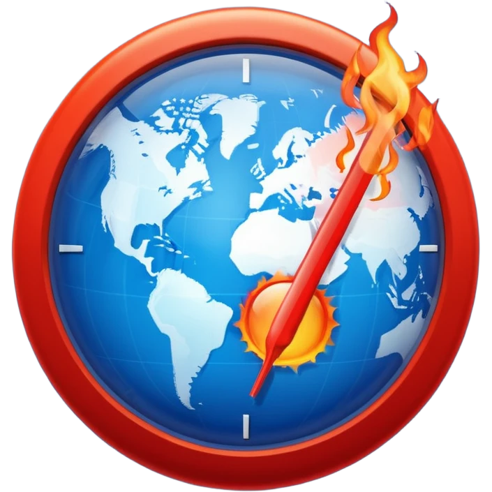 Blue Earth sphere, tilted. Prominent, oversized, fiery red thermometer/gauge, embedded. Indicator peaking 'danger' zone. Stylized orange/red heat waves/wisps rising from top half. Strong blue/red contrast emoji