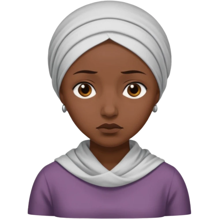 Emoji portrait of a female domestic slave. She has a sad expression and wears a plain dress with a headscarf. emoji