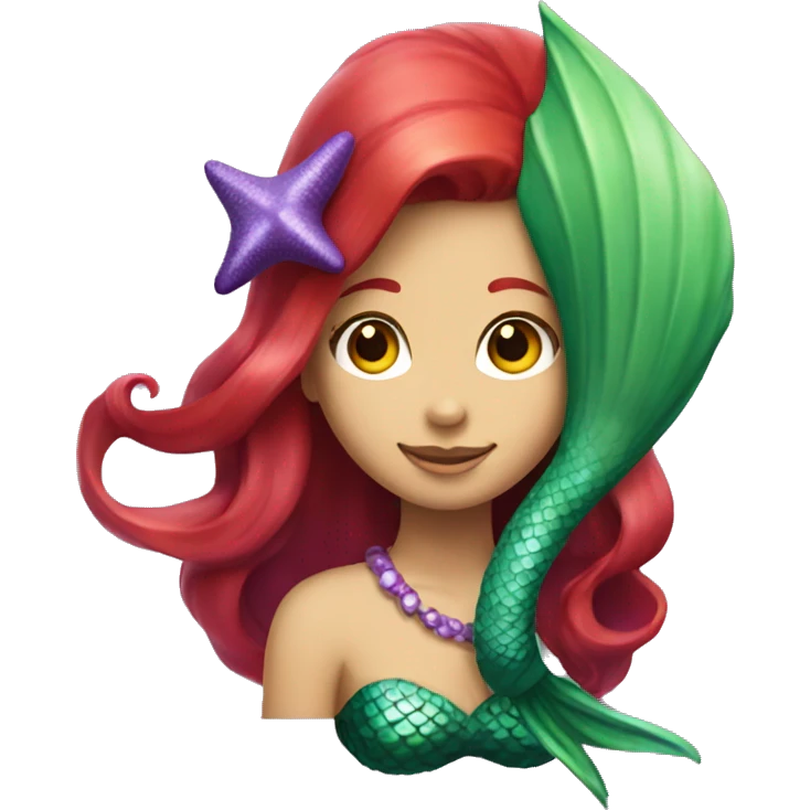 Mermaid with red hair, green tail, and purple seashell top emoji