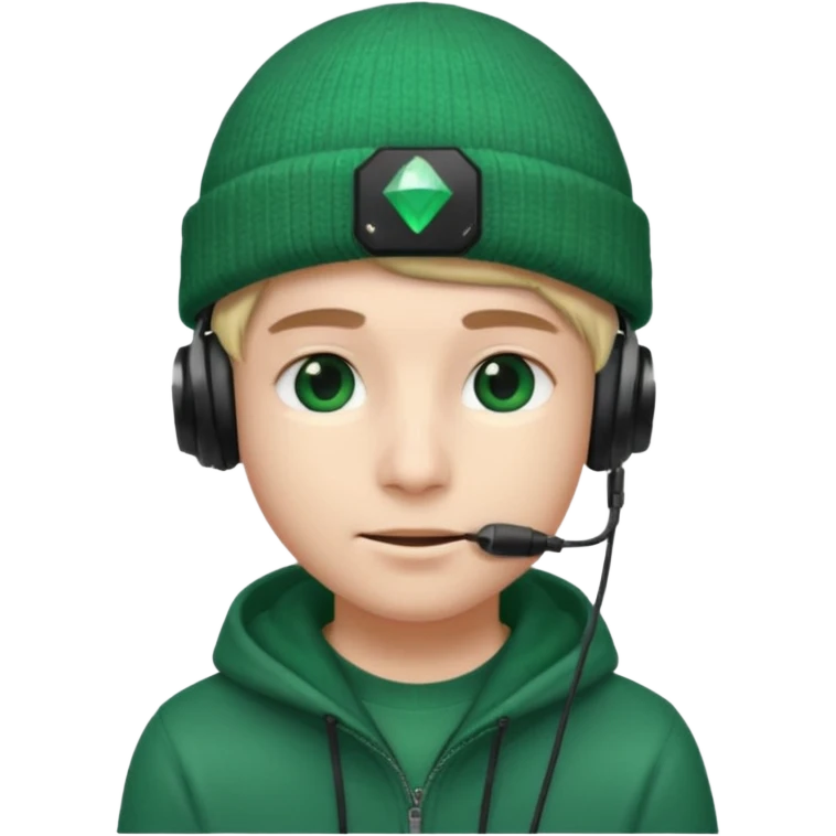 garcon avec un bonnet avec un emeraude dessus et un casque gaming emoji
