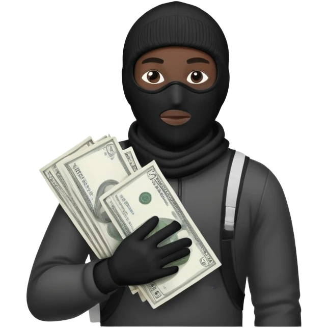 Man one Ski mask holding money bag with black skin color black and white money bag emoji