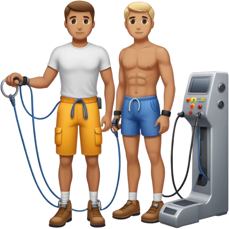 guy standing next to cable-machine with cable tied to ankle cuffs emoji