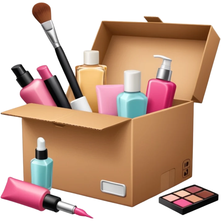 a cardboard box with assorted beauty products like compact, lotion, and nail polish spilling out emoji