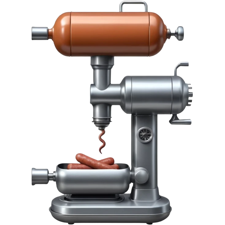 sausage-processing droid. retro-futuristic style. top is a circular industrial meat grinder with rotating gears and blades. Two robotic arms feed material into grinder. Sausage links extrude from the rear like  factory. The body is metallic, compact, and floats above the ground.no legs. Dark humor emoji