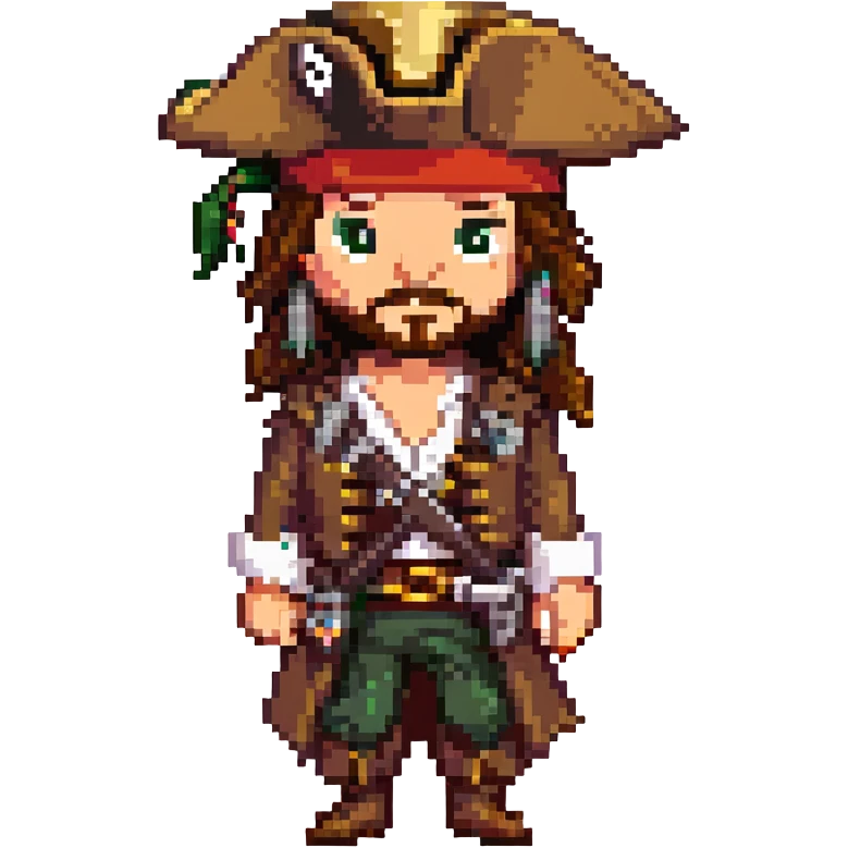 pixel art Jack Sparrow, pirate captain, simplified pirate outfit, tricorn hat, signature beard emoji