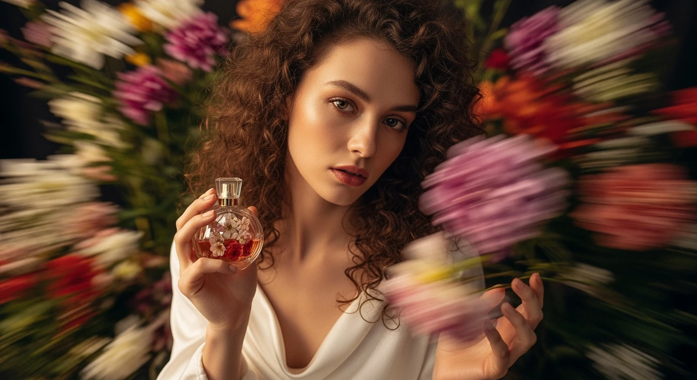Motion blur Extreme Closeup photo of a beautifull woman holding perfume around beautifull colorfull flowers, cinematic light, 8K, very detailed, sharp, depth (foreground, midground, background) emoji