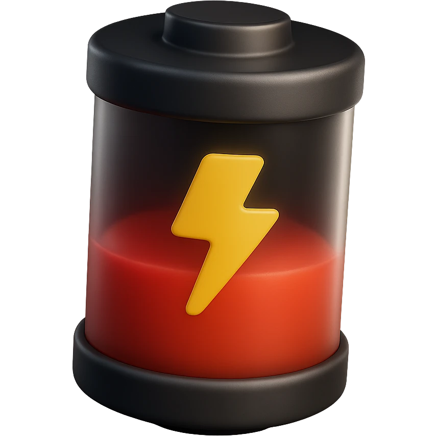Realistic 3D cylindrical battery with half red level, inspired by the reference image, front view, yellow lightning symbol, glossy reflections, isolated on white background. emoji
