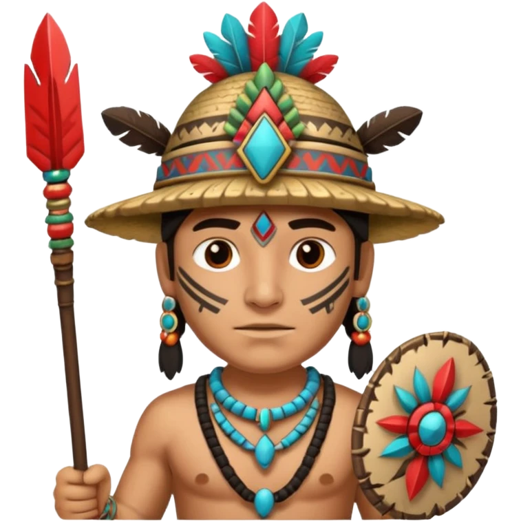 Hombre con un cuerpo de azteca con gorro azteca y lanza y collares  emoji