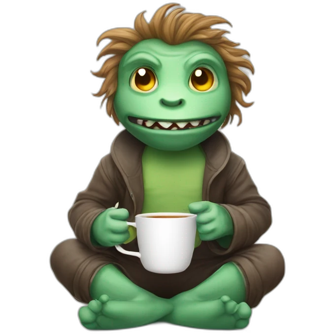 A cartoony creature sitting on floor with a cup of tea motioning  and beckoning the viewer to sit next to him emoji