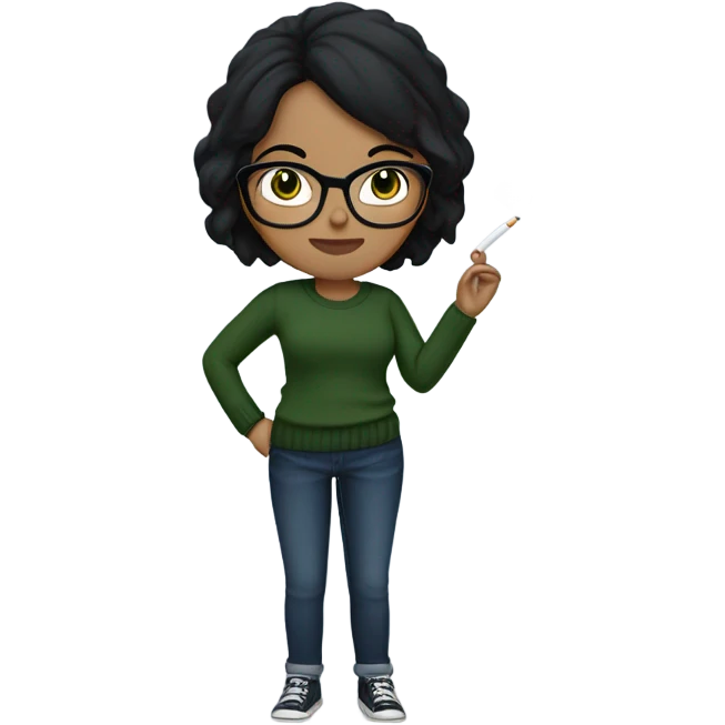 A girl smoking a cigarette with black hair, glasses, hazel eyes and a navy green sweater on with jeans emoji