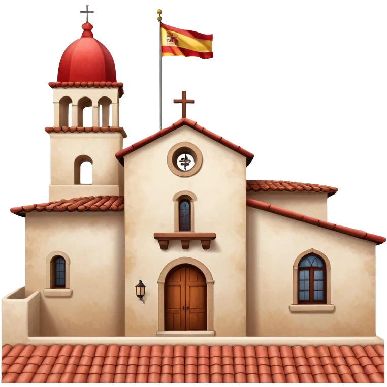 Spanish mission style house with bell tower and arches, displaying a Spanish flag (red-yellow-red horizontal stripes) hanging from a window emoji