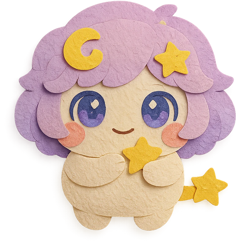 Stella Puff (星星噗噗) in super cute, soft, and adorable paper craft style, front view, holding a tiny star, big sparkling blue-violet eyes, puffy pastel pink-purple gradient hair with a yellow star swirl, creamy white round body, coral pink blush, short arms and legs, golden star tail, clean lines emoji