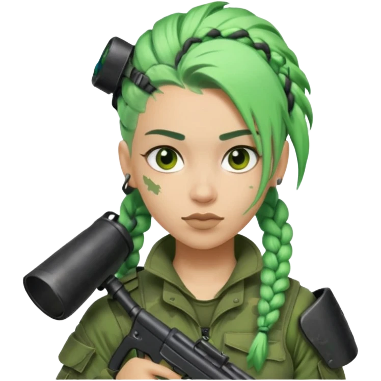 paintball player with geared face braided green hair emoji