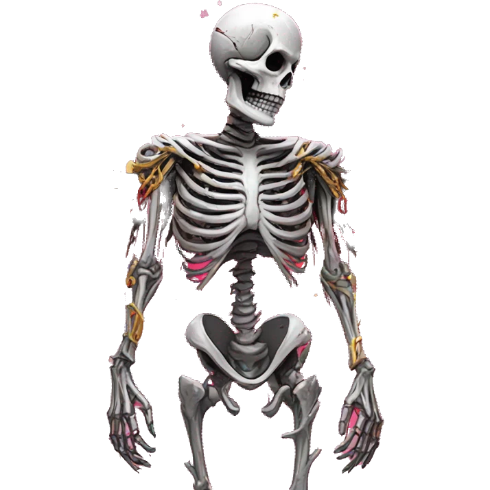 White skeleton zombie person covered in golden chains and black graffiti scribbles and red and silver doodles wings made of neon lightning snowing snowflakes emoji