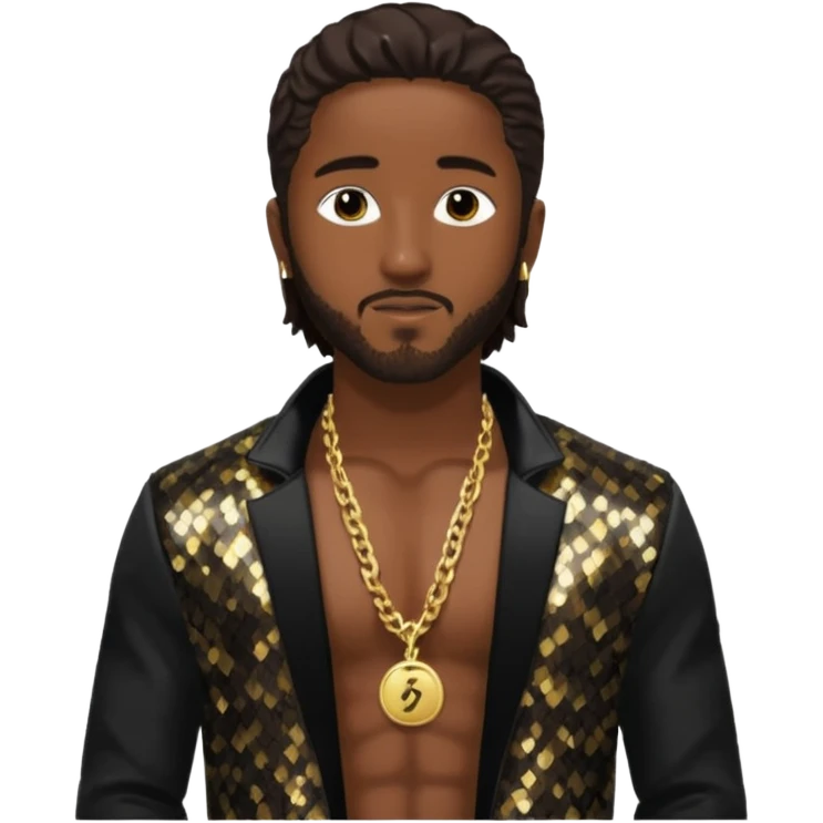 Omarion with long dark brown hair, black sequin jacket, shirtless with necklace emoji