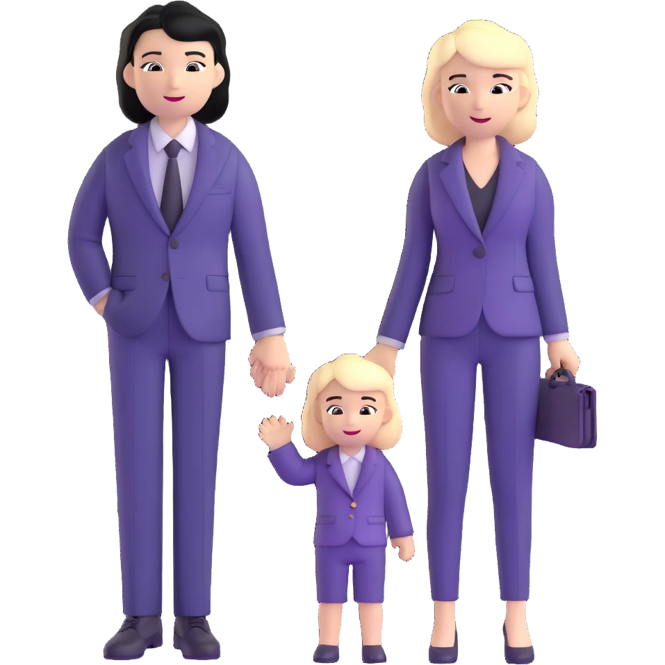 The Parr family from Incredibles in civilian clothes - Bob in business suit, Helen in casual clothes, Violet teen with black hair, Dash blonde boy, baby Jack-Jack emoji