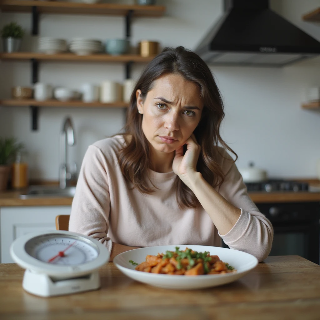 adult woman, photorealistic, diet plateau phase, sitting at table with healthy food plate, puzzled and frustrated expression, kitchen scale not moving, atmosphere of waiting, natural light, kitchen background emoji