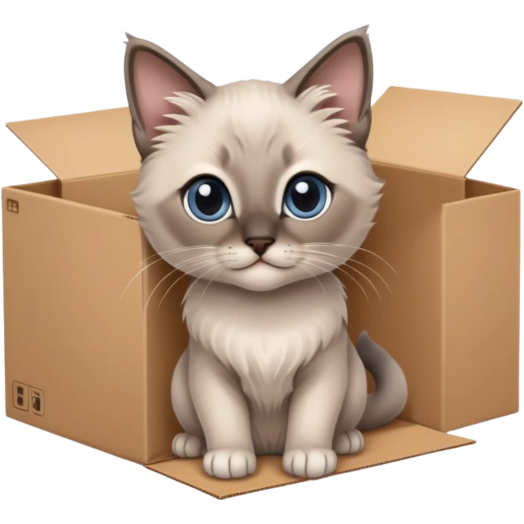  A very cute gery young kitten long hair Siamese Cat cat with one's head tilted to one side poked its paws out of the cardboard big box and placed them on top of it emoji