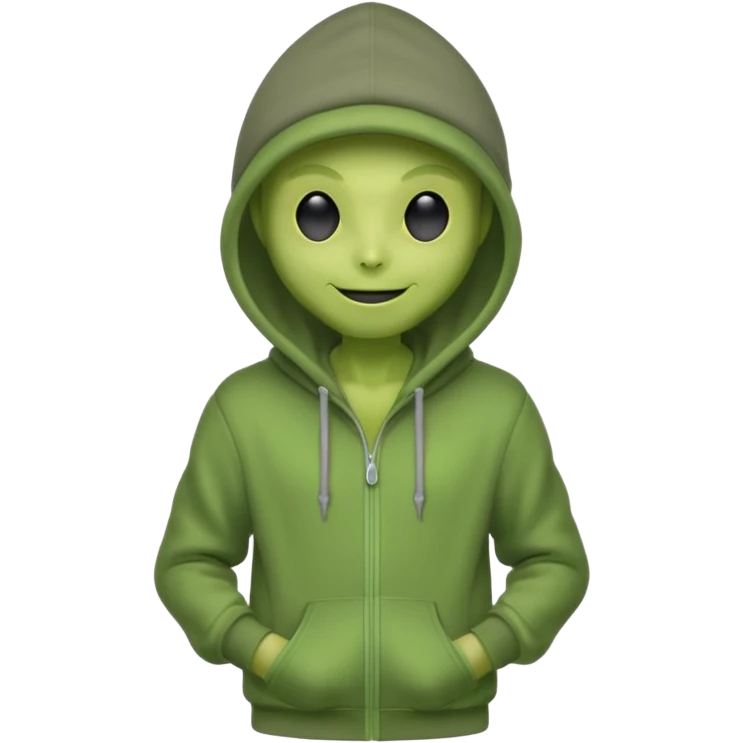 green alien in gray hoodie full height, wear hoodie hat, happy emoji