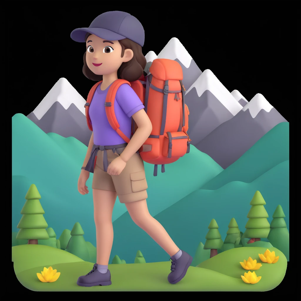 girl back packing mountains in background, close up pose emoji