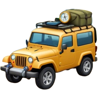 Icon for Expeditions: a compass, a map, a backpack and a rugged expedition jeep, set against a backdrop of snowy mountains, sand dunes and tropical islands. The icon should capture the spirit of adventure and exploration in diverse landscapes. Transparent background. emoji