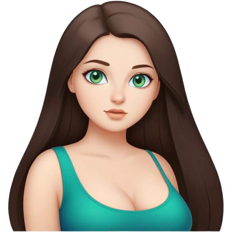 Curvy but beautiful brunette girl, blue/green eyes, pin straight super long hair, modern style emoji