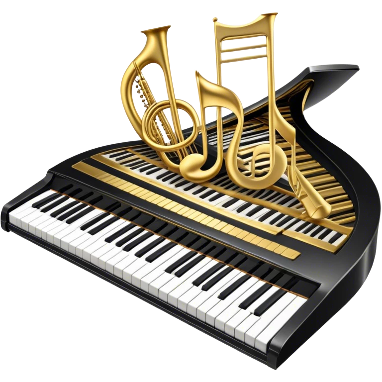 Create an elegant and festive emoji collage representing keyboard instruments, styled like a heraldic emblem. The design should feature a central focal point of black and white piano keys, arranged in a semi-circular or shield-like shape. Around the piano keys, add intertwining musical notes that form flowing ribbons, creating a dynamic and celebratory atmosphere. The design should be professional, with polished silver and gold accents on the keys and notes, highlighting the luxury and sophistication of the instruments. Add subtle shading and lighting effects to give the design a refined, 3D appearance. The background should remain transparent, and the overall feel should evoke grandeur, artistry, and a sense of celebration. emoji