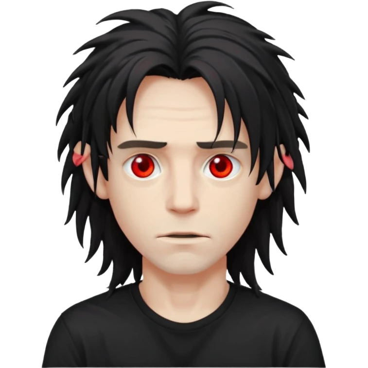 Парень с бледной кожей и красными глазами,  чёрные длинные растрёпанные волосы до ушей, в черной футболке  emoji