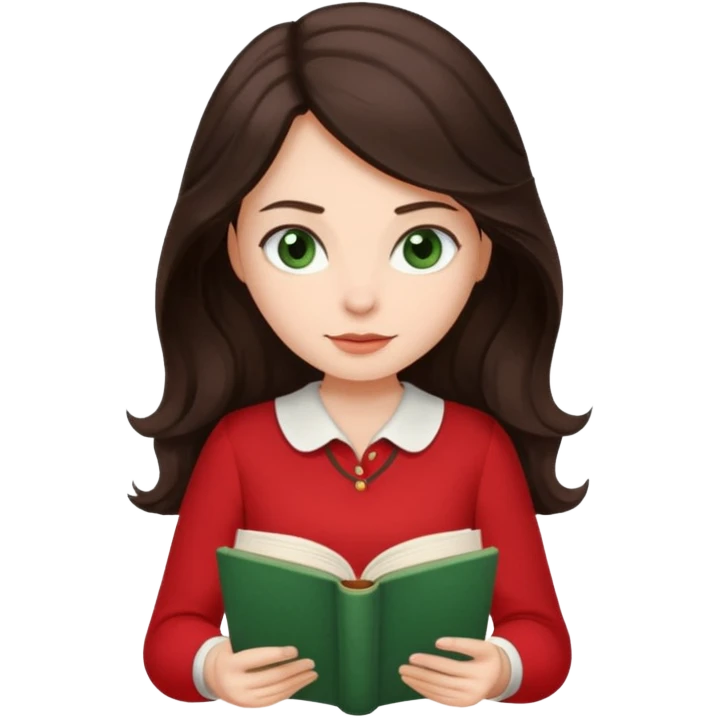 Long wavy dark brown haired, white skinned, dark green eyed girl in red blouse reading a book emoji