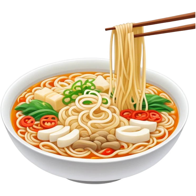 Yunnan over-the-bridge rice noodles with separate ingredients, simplified emoji style with bold outlines and bright colors, cartoon style Chinese noodle dish emoji