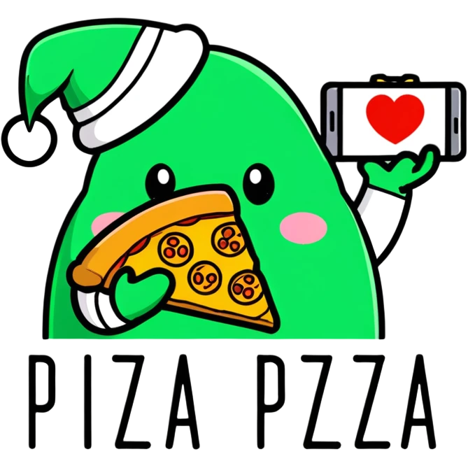 Create image Mini repo character that’s green with Bennie that says “I heart pizza” and pizza on one hand and game controller on the other hand emoji