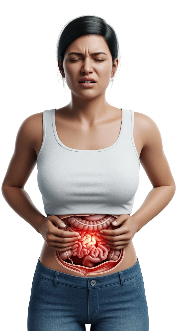 UNA DONNA REALISTICA con mal di pancia, INTESTINO ANATOMICO INFIAMMATO VISIBILE, MAL DI PANCIA, posa frontale, ISOLATA SU SFONDO BIANCO, IPERREALISTICA 4K emoji