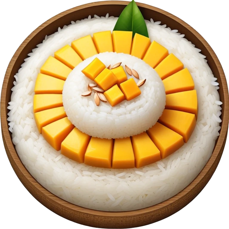cinematic-realistic-mango-sticky-rice-dessert-emoji,-showcasing-sweet-sticky-rice out of a mould-paired-with-ripe-mango-slices-and-coconut-milk-rendered-with-lifelike-detail-and-warm,-inviting-lighting with the coconut  milk over the rice emoji