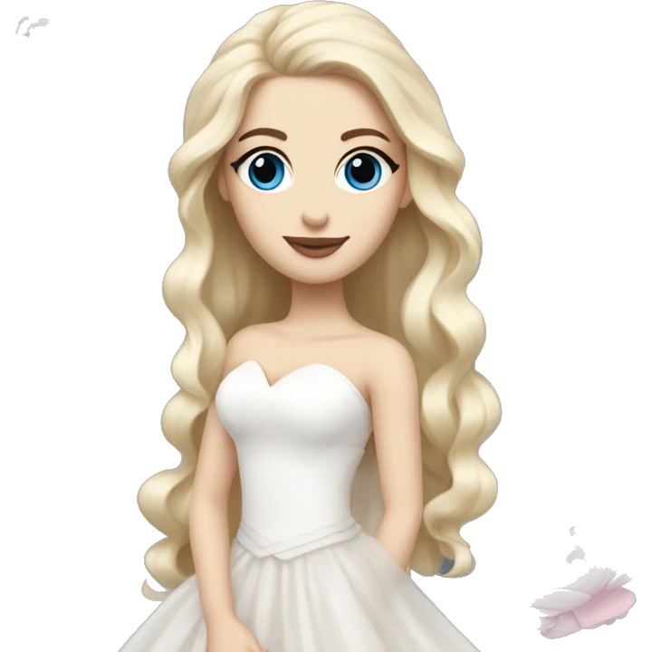 White bride with long light blonde hair and blue eyes with light pink peonies in hair white skin  emoji