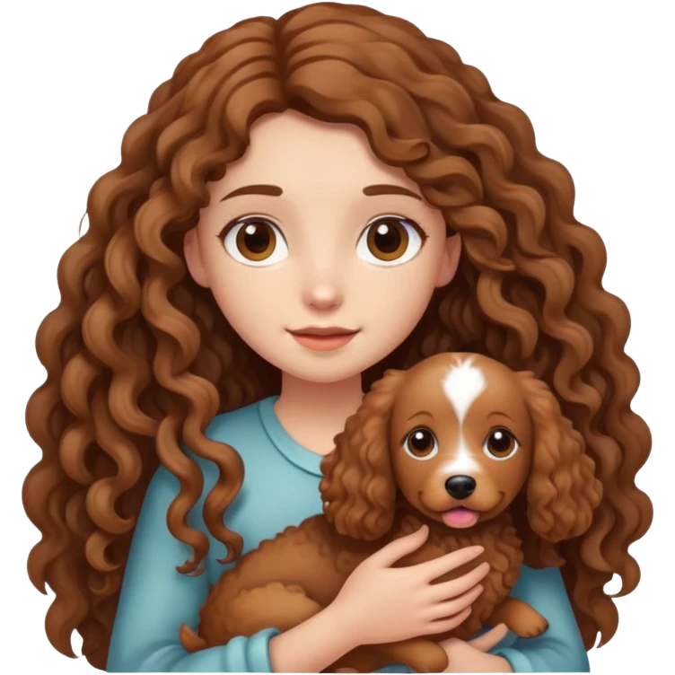 A long-haired girl holding a brown curly dog emoji