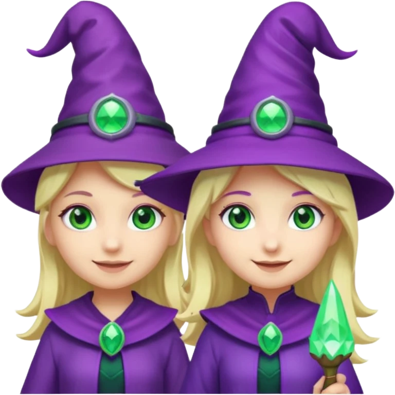 Make a blonde girl with green glowing headset on with teal eyes and a purple haired girl with green eyes waering a purple wit hes hat haveing fun , make them a chibi emoji page emoji