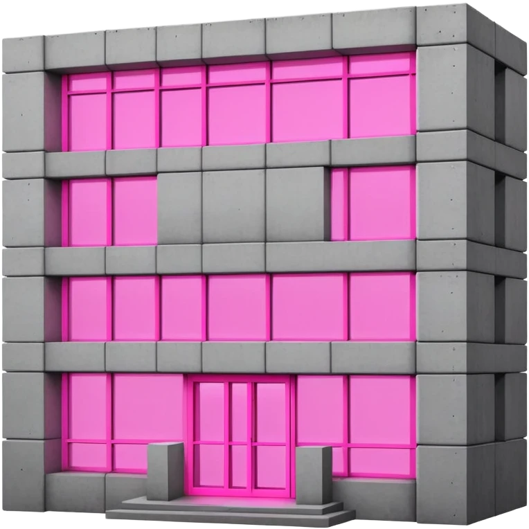 Concrete block building in brutalist style with one pink neon window and several standard windows emoji