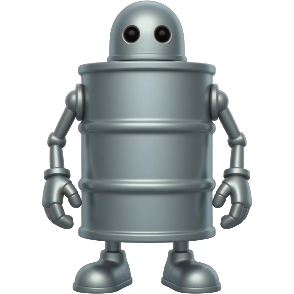 A barrel with legs and hands and a head . The head has to be in the top. The hands and feets and head has to be made out of metal. The body has to be a barrel emoji