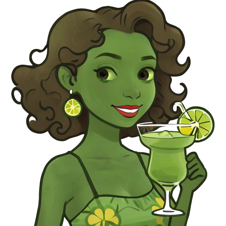 Girl with curly brown hair smelling margaritas emoji