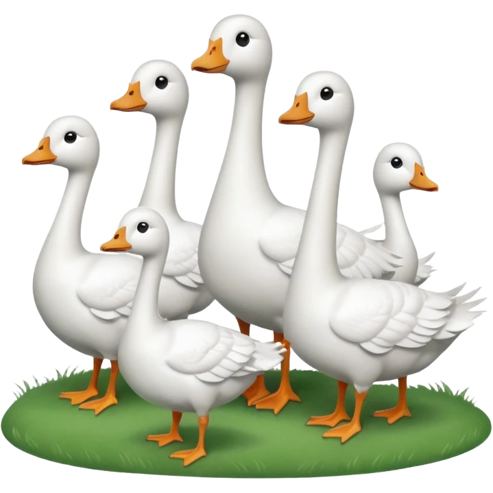 9 white geese standing on a green hill, front view, foggy, all looking in different directions, one is on the top  emoji