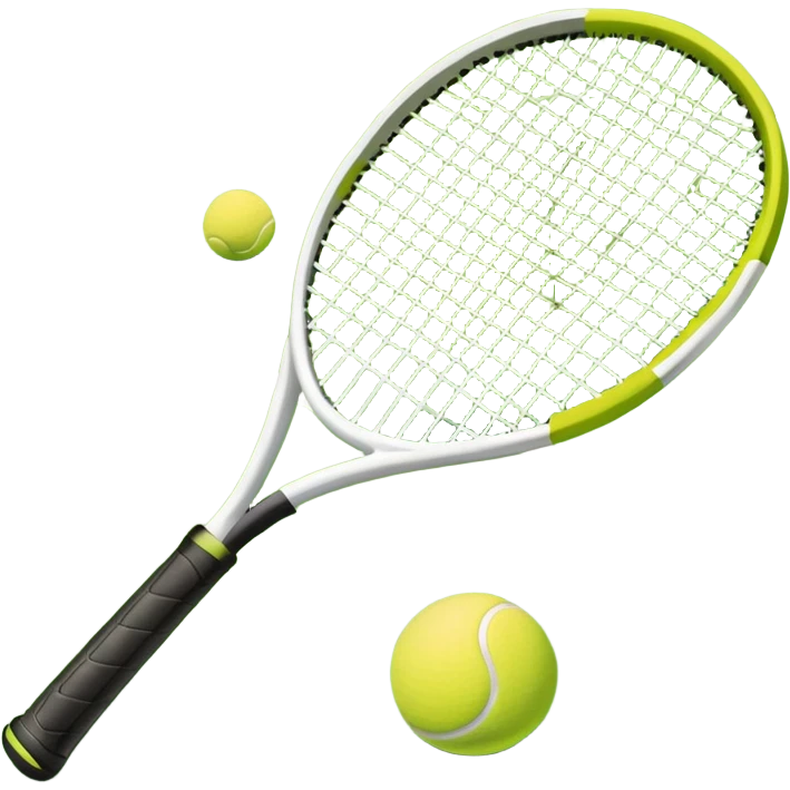 A tennis racket and a ball placed on the ground, with a tennis court in the background. The court lines and net are visible, emphasizing the structure and focus of the sport, creating a dynamic and energetic vibe. emoji