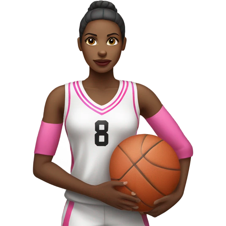 Black women with a white and pink basketball jersey on, holding a stop sign emoji